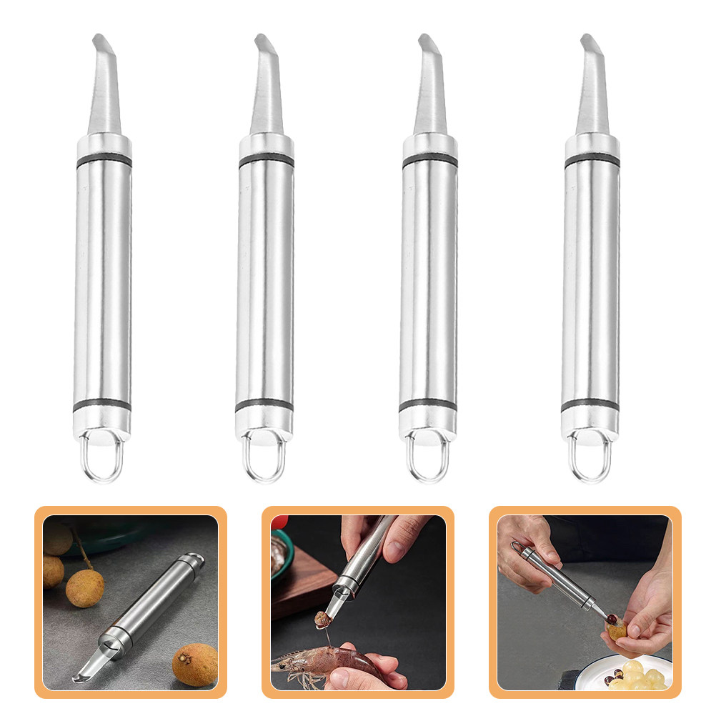 Kitchen Gadgets & Toys - 4-teiliges Edelstahl-Obst- und Gemüseentkernwerkzeug, Longan-Litschi-Entkerner, Garnelen-Entdarmwerkzeug,